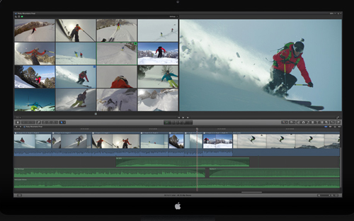Video editing software on a computer screen showing a grid of winter sports clips and a timeline.