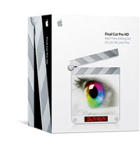 A white software box for Final Cut Pro HD featuring a film clapperboard with an eye graphic.