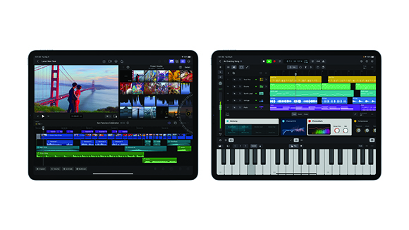 Two black tablets showing video editing interfaces on the left and music production software on the right.