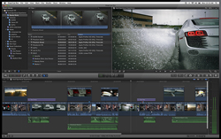 Video editing software interface displaying a timeline and a preview of a white car driving through splashing water.