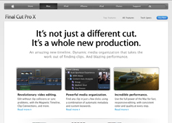 Webpage for Final Cut Pro X featuring marketing text and feature highlights.