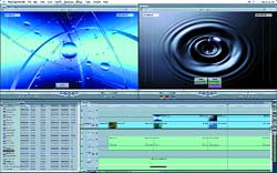 A computer screen displaying a video editing program with two preview windows and a multi-track timeline.
