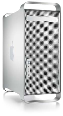 Silver Apple Mac Pro desktop computer tower with a perforated front panel and Apple logo on the side.