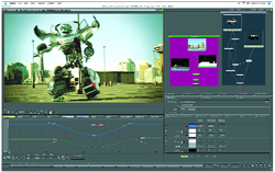 Video editing software interface displaying a large robot in a desert landscape and various editing panels.