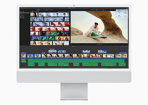 A desktop computer monitor showing a video editing interface with a timeline and video clips.