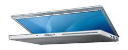 An open silver laptop with a blue glowing screen against a white background.