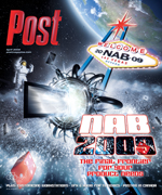 Post Magazine cover for NAB 2009 with a space theme, featuring a "Welcome to NAB 09 The Vegas Frontier" sign and a die.