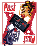 Illustration of a queen and a robot holding a NAB 08 card with the text "Ante up."