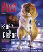 Cartoon beaver with buck teeth and a bushy tail stands on a stage with a vintage microphone.