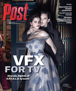 Cover of Post Magazine featuring a man in a dark coat holding a woman in a formal gown, with the title "VFX FOR TV" prominent