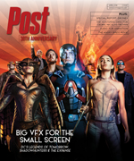Group of superheroes including Atom, Hawkgirl, and Vixen, with "Post 30th Anniversary" and "BIG VFX FOR THE SMALL SCREEN" tex