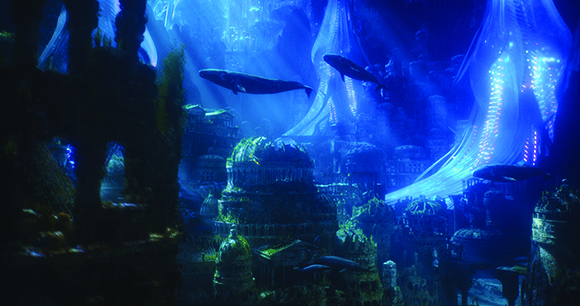 An underwater city with glowing blue structures and whales swimming through the deep blue water.