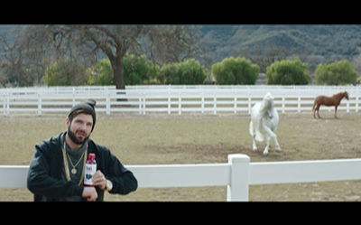 A man in a black jacket and beanie holds a red bottle near a white fence with horses in a field behind him.