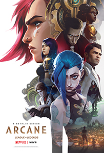 Collage of various animated characters from the series Arcane against a stylized background.
