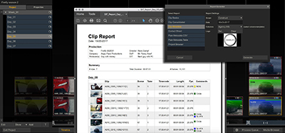 Software interface showing a printed Clip Report document and a pop-up menu for report settings.