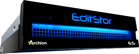 A black EditStor server unit with a glowing blue light strip and Archion logo.