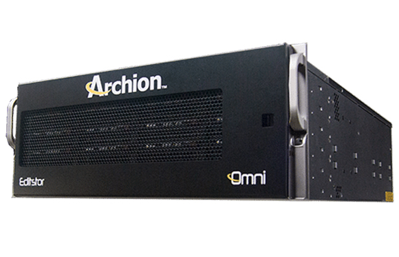 A black Editstar Omni server rack unit viewed from an angle against a white background.
