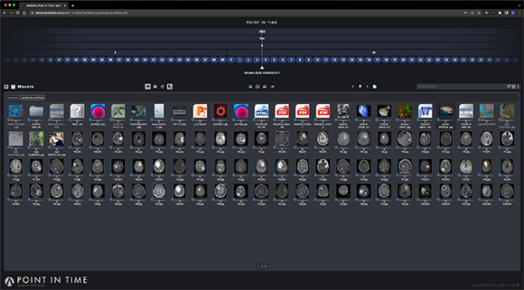 A software interface showing a horizontal timeline at the top and a large grid of grayscale brain MRI scans below.