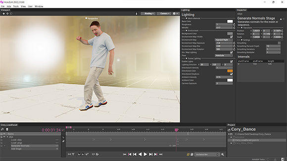 A 3D software interface displaying a male character model in a white shirt and beige pants on a grid floor.