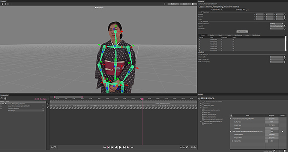 A software interface displaying a woman with a green and blue skeletal motion capture overlay.