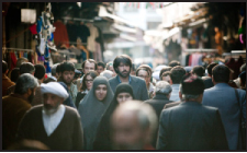 A dense crowd of people walking through a narrow, busy outdoor market street lined with clothing stalls.