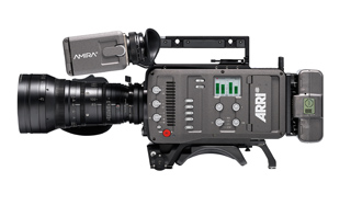 Side view of an ARRI Amira digital cinema camera with a large professional lens against a white background.