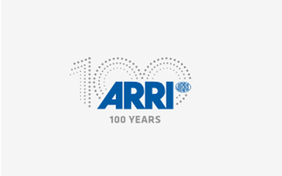 Blue ARRI logo with a large grey dotted number 100 and the text 100 YEARS below.