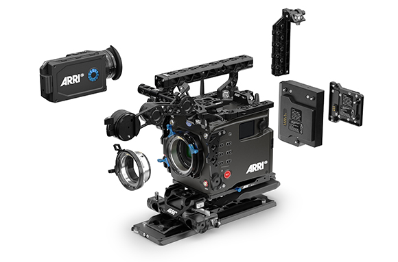 An exploded view of an ARRI cinema camera with various modular components floating around the main body.