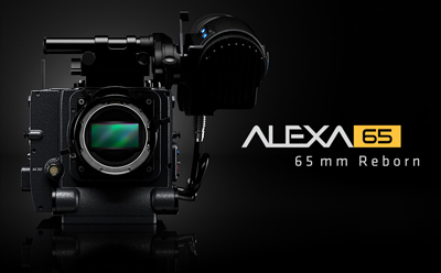 A professional black ALEXA 65 cinema camera with a large lens mount and matte box on a dark background.