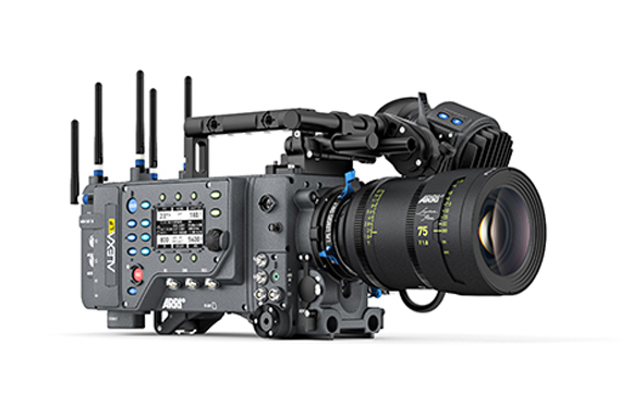 A professional ARRI ALEXA digital cinema camera equipped with a large prime lens and multiple wireless antennas.