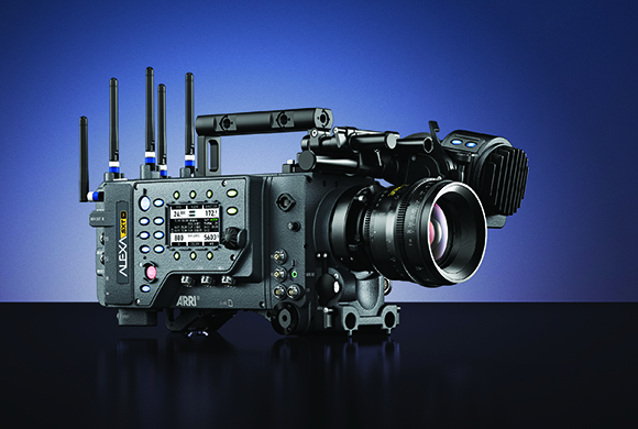 A black ARRI ALEXA digital cinema camera with several antennas and a large lens against a blue background.