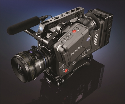 A black ARRI Amira professional cinema camera with a large lens and microphone.
