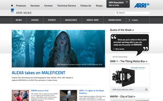 ARRI News website featuring a large banner image of a woman in a hooded cloak and various news articles.