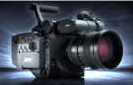 A professional black video camera with a large lens and top handle against a dark, glowing background.