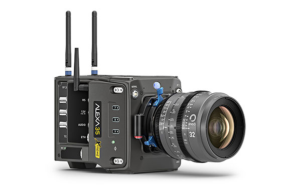 A black ARRI ALEXA 35 cinema camera with three antennas and a large professional lens against a white background.