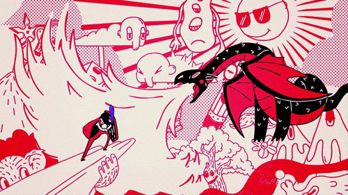 Red and white line art illustration of a small figure facing a large winged dragon and surreal floating faces.