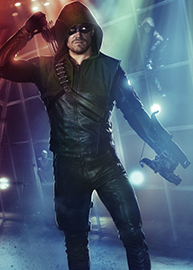 A man in a green hooded tactical suit and mask holds a bow and arrows against a blue-lit background.