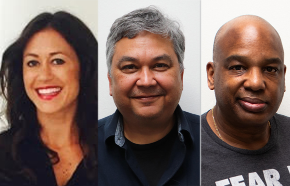 Three portrait headshots of a smiling woman, a man with graying hair, and a bald man.