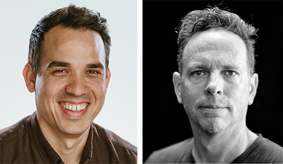 A color portrait and a black-and-white portrait of a smiling man side-by-side.