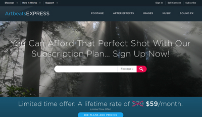 Website landing page for Artbeats Express with a forest background and a subscription plan advertisement.