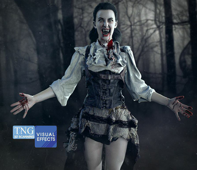 A pale woman with vampire fangs and blood on her face and hands stands in a dark forest.