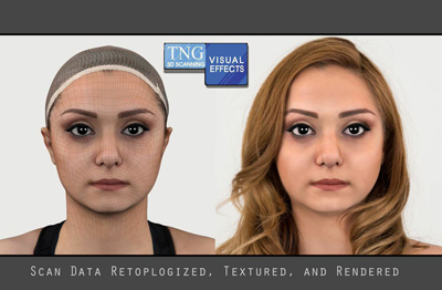 A side-by-side comparison of a 3D wireframe face scan and a fully textured, rendered digital human face.