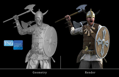 Side-by-side comparison of a 3D Viking warrior model showing gray geometry and a full color render.