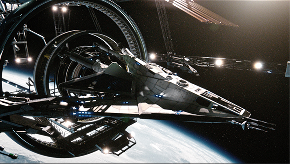 A sleek spacecraft glides past large, illuminated circular space stations orbiting a planet.