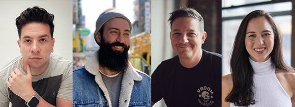 Four separate portraits of a man in a grey shirt, a bearded man in a beanie, a smiling man in a black shirt, and a smiling wo