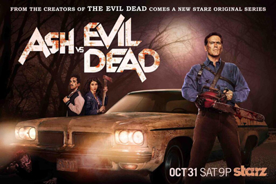 A man stands by a vintage car in a dark forest, with the series title in large white text above.