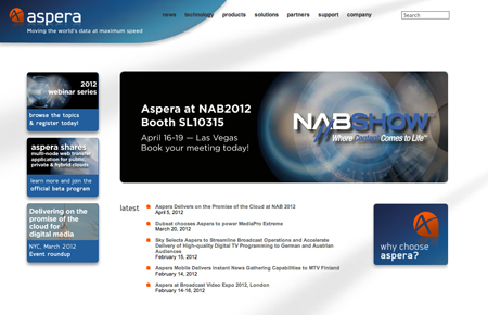 Aspera website showing NAB2012 booth information and latest news updates.