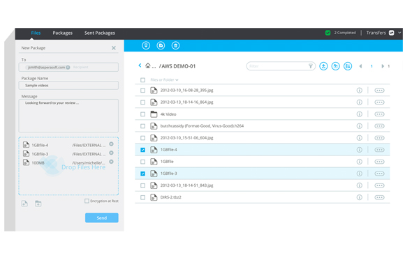 A software interface showing a file directory with various file names, sizes, and a sidebar for creating new packages.