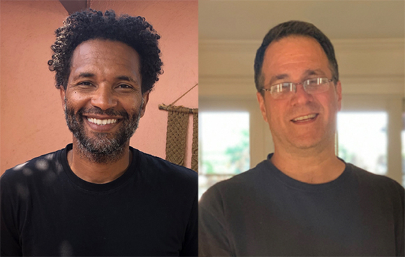 Two portraits: a man with curly hair and a beard on the left, and a man with glasses on the right.