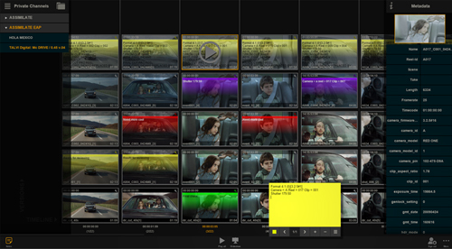 Video editing software interface displaying a grid of video clip thumbnails and metadata panels.